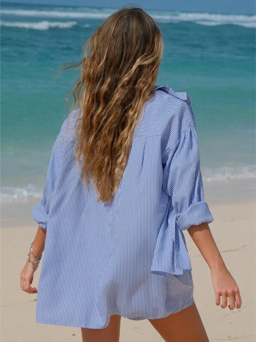 Women's Cotton Summer 2 Piece Sets Long Sleeve Button Down Shirts Matching Short